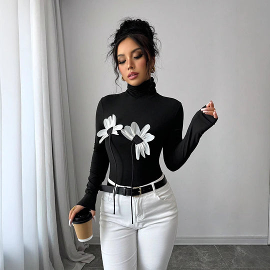 Damen Langarm-Bodysuit mit floralem Schnitt und hohem Kragen R&B