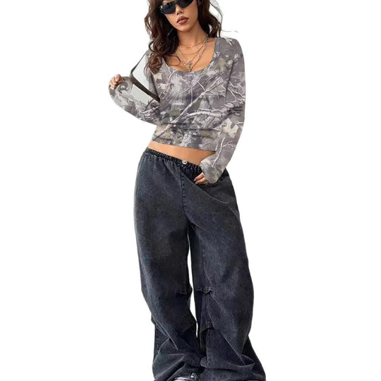 Damen Camouflage Langarmshirt mit V-Ausschnitt und modernen Details R&B