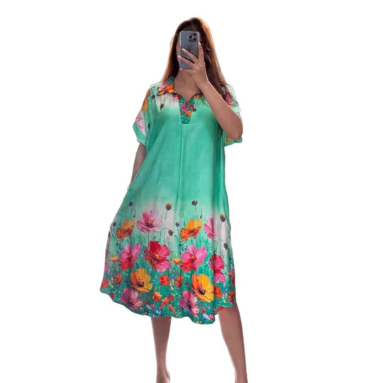 Damen nan leichtes Hemdblusenkleid mit floralem Bordürenprint, offenem V‑Ausschnitt und Einschubtaschen R&B