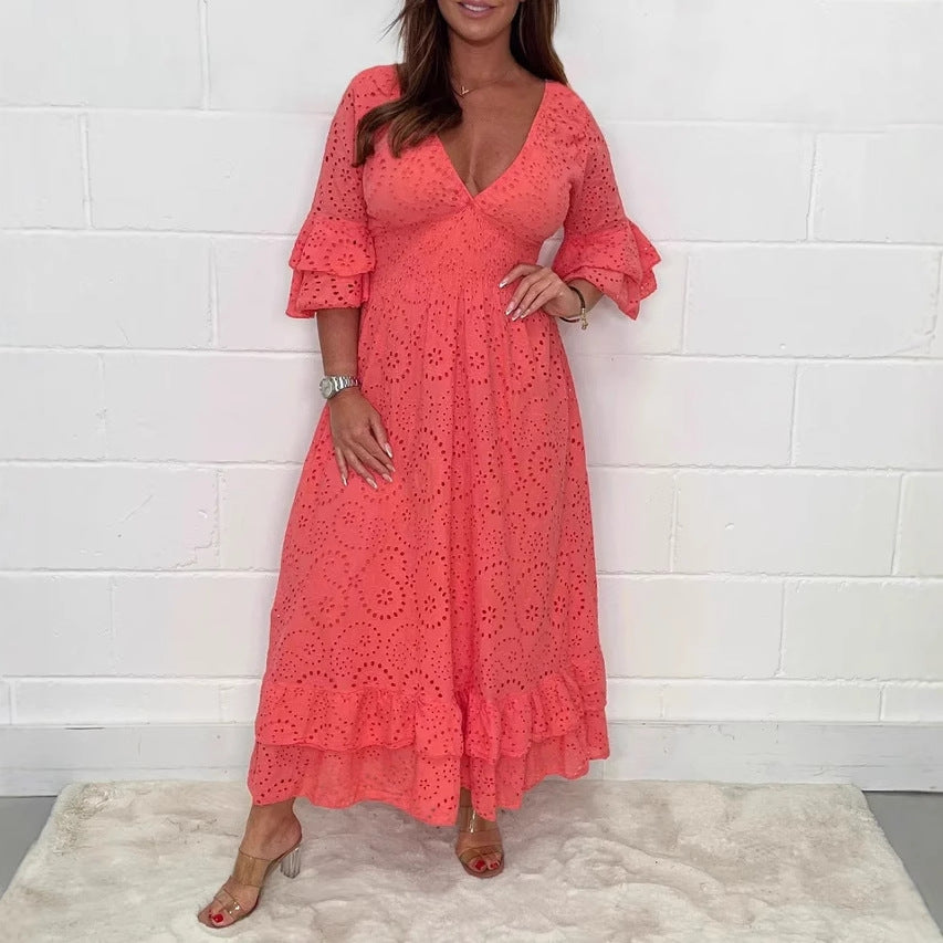 Damen Maxikleid mit floraler Lochstickerei und weiten Ärmeln R&B