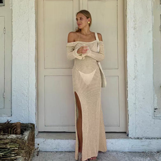 Damen Häkel-Maxikleid mit offener Schulterpartie und seitlichem Schlitz R&B
