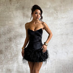 Damen Sexy Samtkleid mit Federn