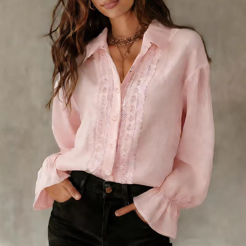 Damen elegante Bluse mit Spitzendetails und Ballonärmeln R&B