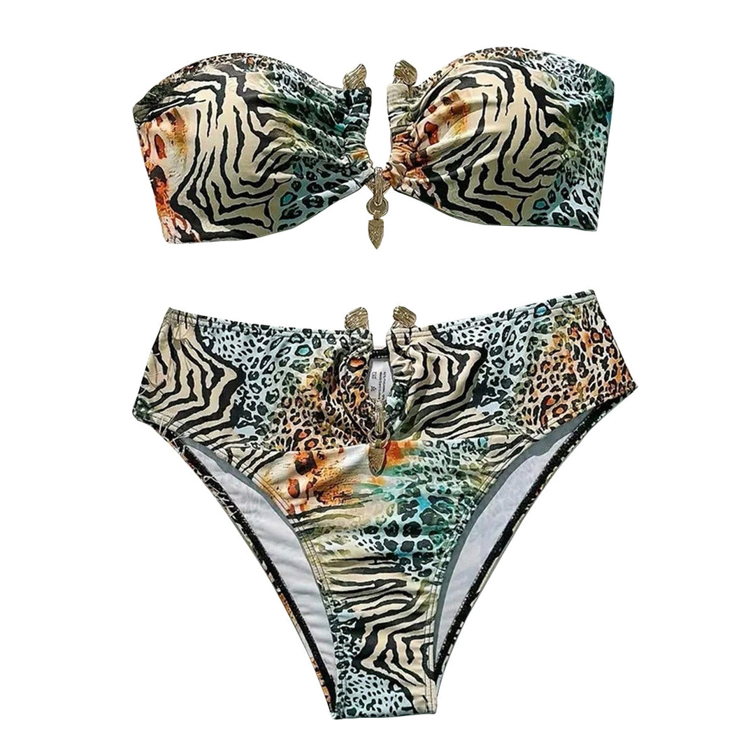 Damen Bandeau-Bikini mit animalischem Muster und dekorativem Verschluss R&B