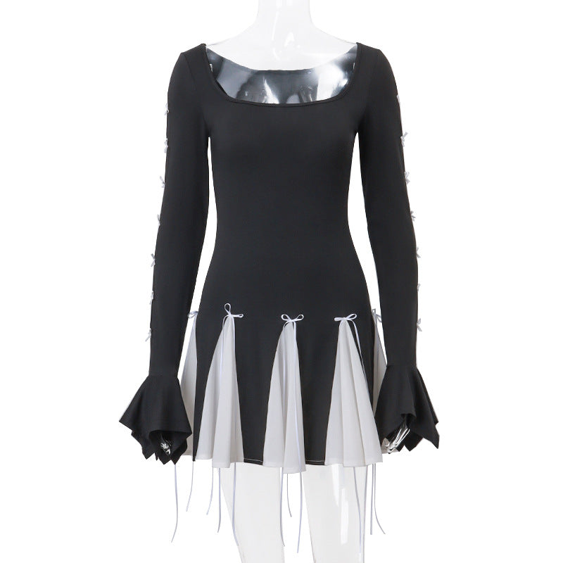 Damen Skaterkleid mit kontrastierenden Rüschendetails und lange Ärmel R&B