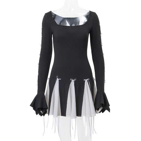 Damen Skaterkleid mit kontrastierenden Rüschendetails und lange Ärmel R&B