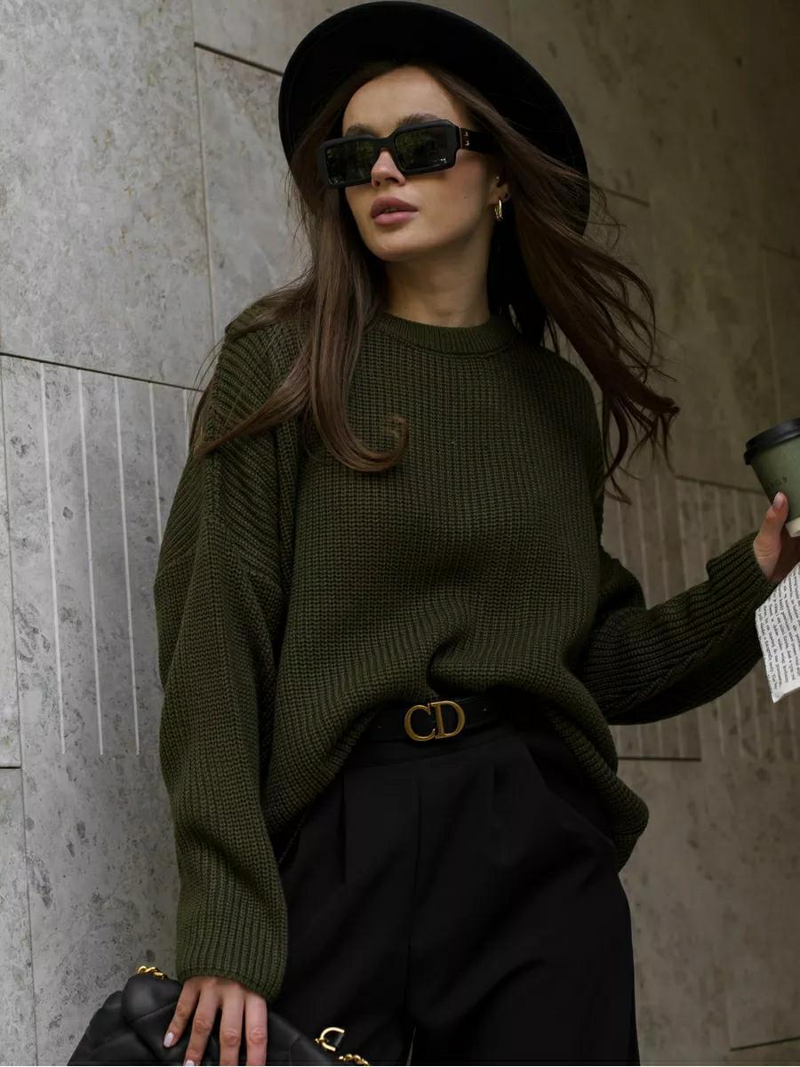 Damen Grobstrickpullover mit weitem Schnitt und lässigen Details R&B