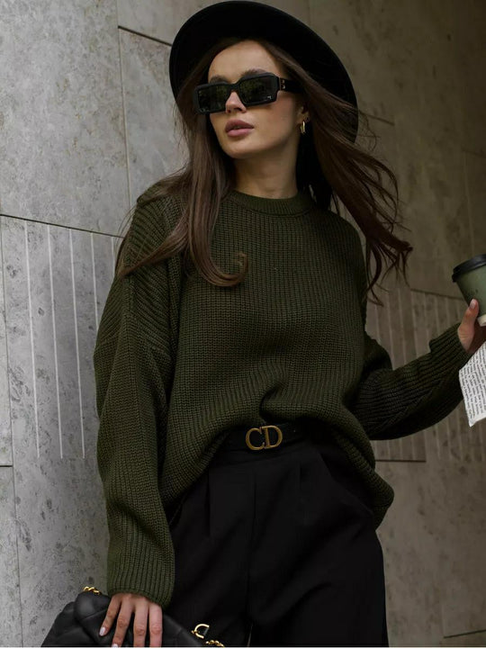 Damen Grobstrickpullover mit weitem Schnitt und lässigen Details R&B