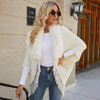 Damen luxuriöser Strickponcho mit elegantem Kunstfellkragen und Fransen