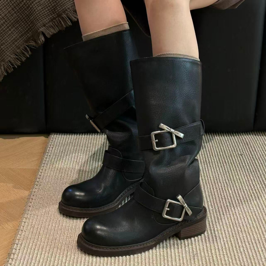 Damen modische Stiefel mit verstellbaren Riemen und komfortablem Blockabsatz R&B