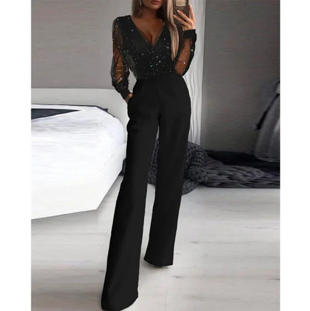 Damen Elegante Jumpsuit mit transparenter Bluse und schimmernden Akzenten EB
