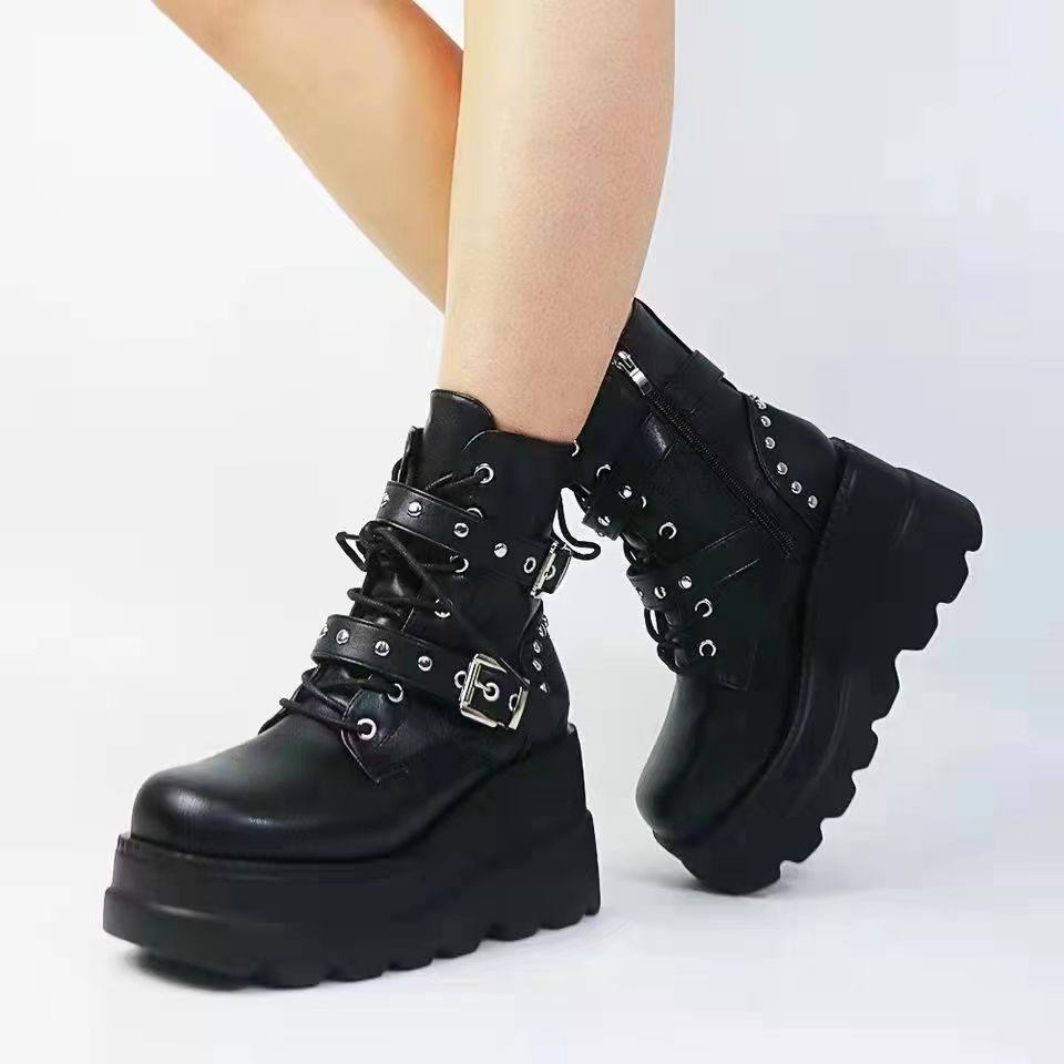 Damen Plateau-Stiefeletten mit modischen Schnallen und robuster Sohle R&B
