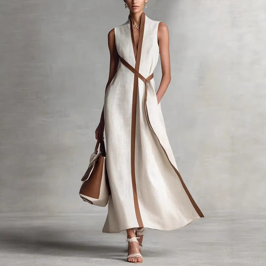 Damen elegantes Maxikleid mit Taillenschnitt und schmalem Gürtel R&B