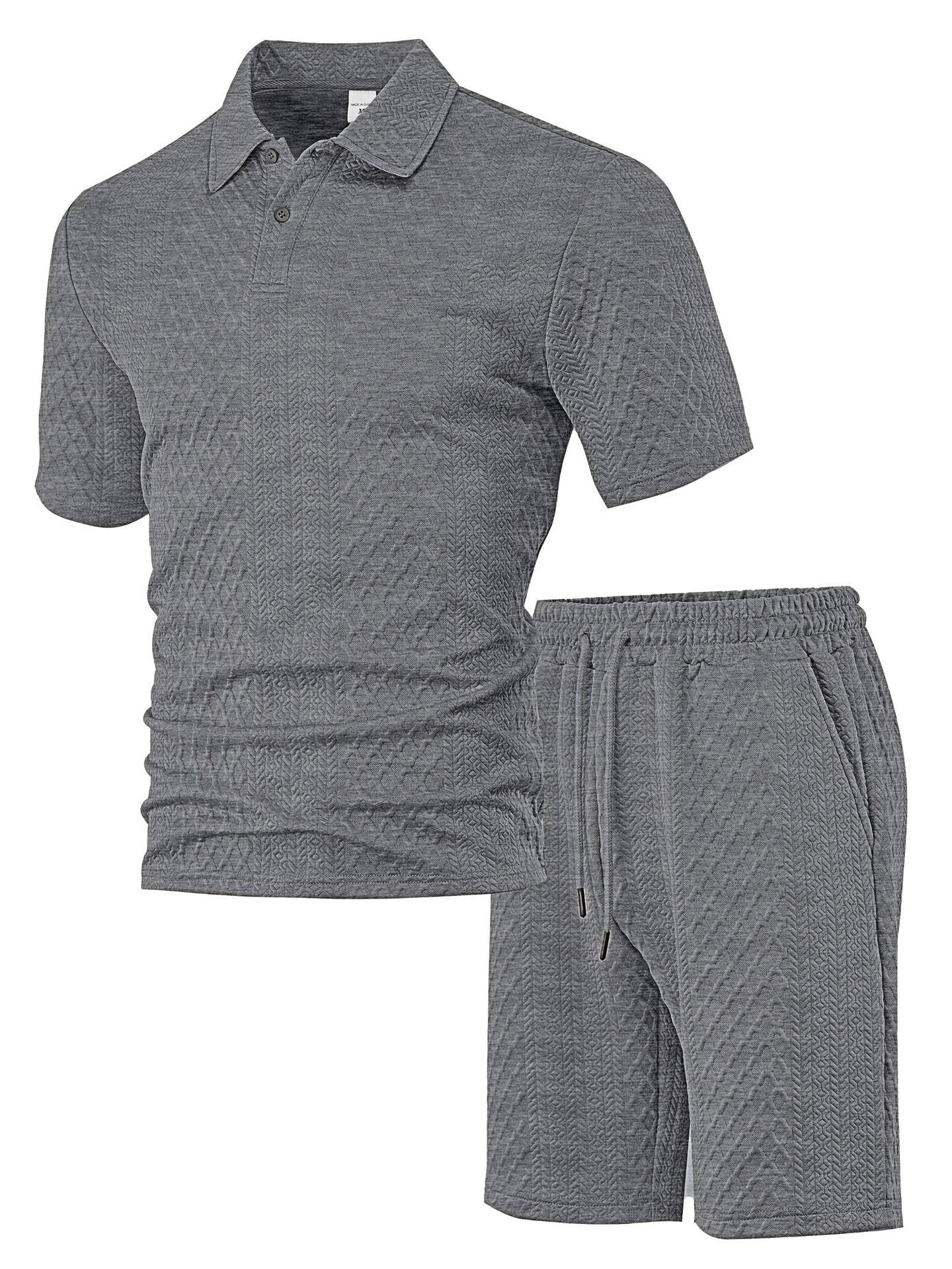 Herren nan geprägtes Waffel-Polo mit Kentkragen und elastischer Tunnelzugshorts im Set R&B
