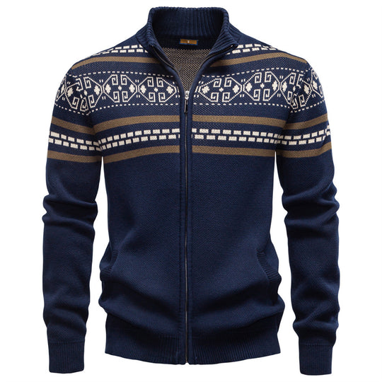 Herren nan Strickjacke mit durchgehendem Reißverschluss, Stehkragen und nordisch-geometrischem Intarsienmuster R&B