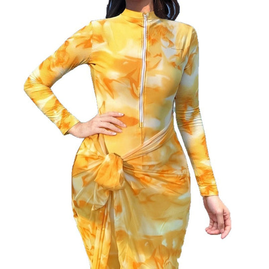 Damen Modischer Strandanzug mit langem Arm und Wickeldetail R&B