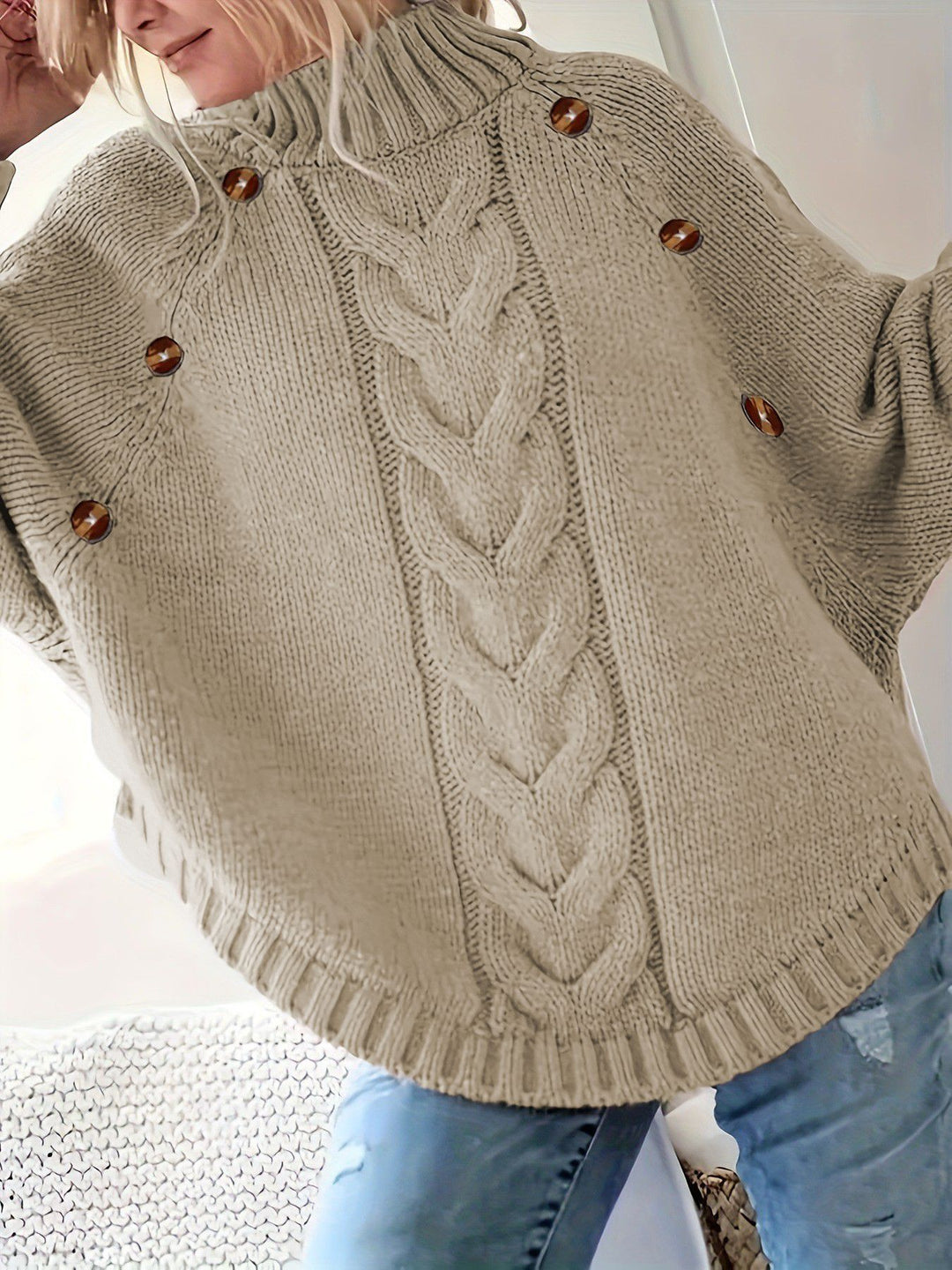 Damen Grober Strickpullover mit modernem Zopfdesign und praktischen Knöpfen R&B