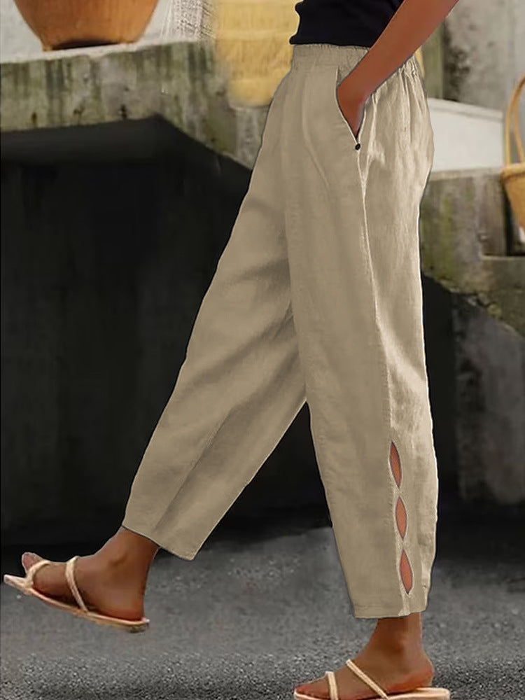 Damen Leichte Leinenhose mit seitlichen Schlitzen und elastischem Bund R&B