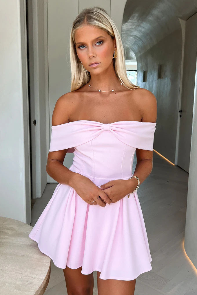 Damen Off-Shoulder Minikleid mit strukturiertem Bustier und schwingendem Rock R&B