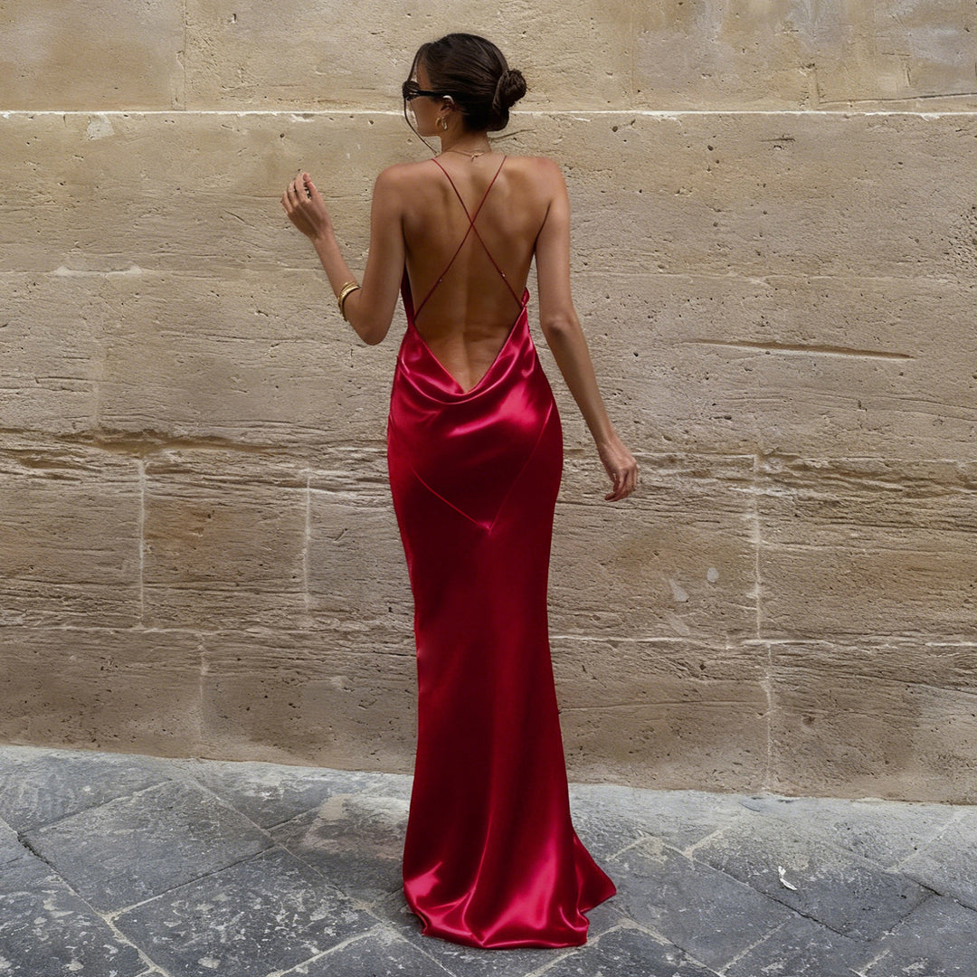 Damen Maxi-Kleid mit tiefem V-Ausschnitt und fließendem Saum R&B