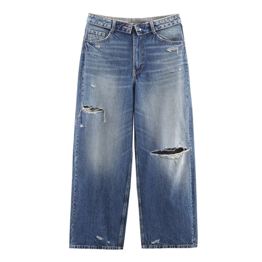 Damen hochwertige Destroyed Jeans im lässigen Baggy-Stil mit modernen Akzenten R&B