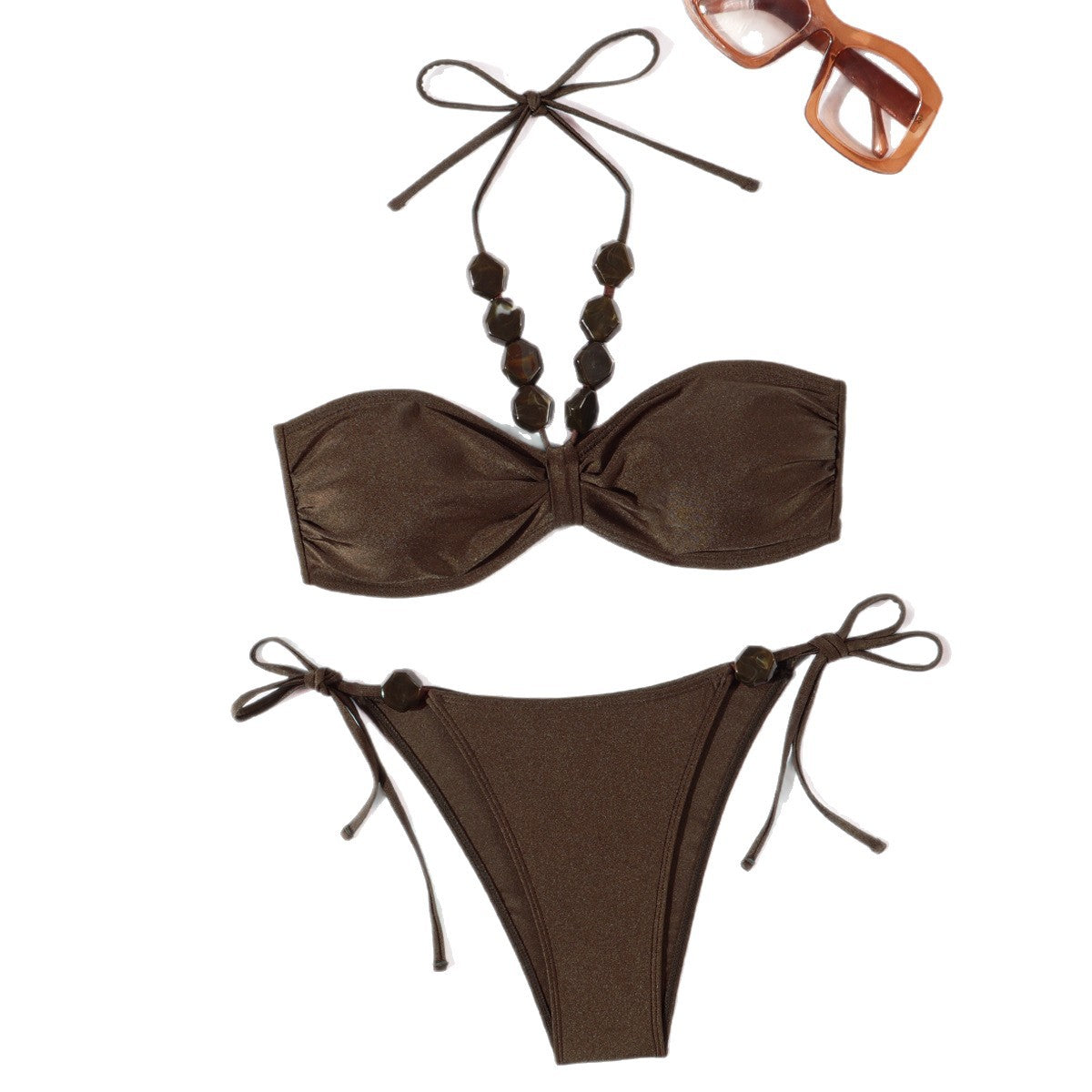 Damen Eleganter Bandeau-Bikini mit dekorativen Perlen R&B