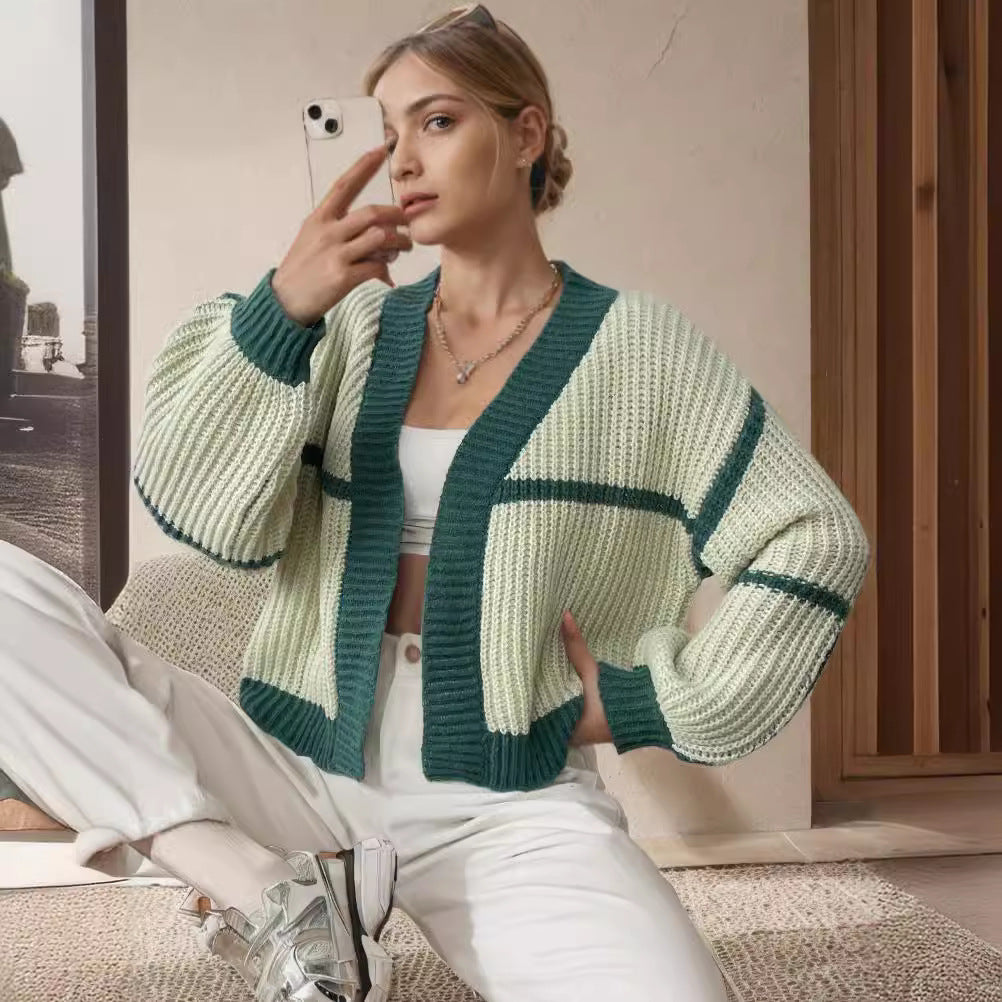 Damen Grobstrickjacke mit voluminösen Ärmeln und modernem Karomuster R&B