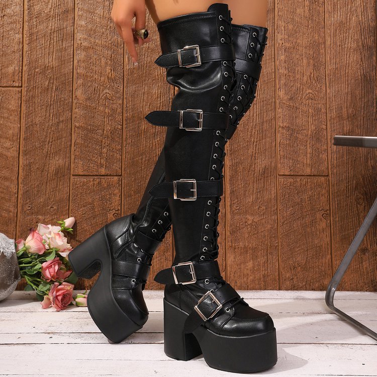 Damen Overknee Stiefel mit modischen Schnallen und hochmodernem Plateau R&B
