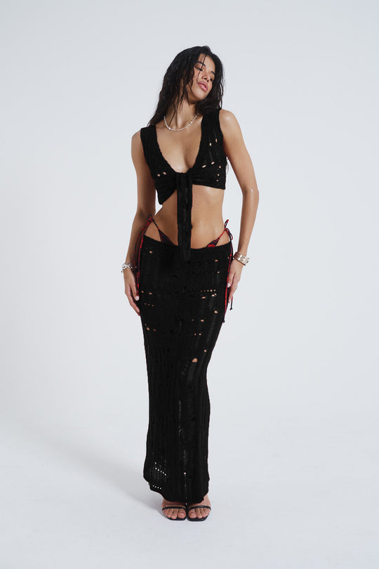 Damen gehäkeltes Strandkleid und Crop-Top Set mit tiefem Ausschnitt R&B