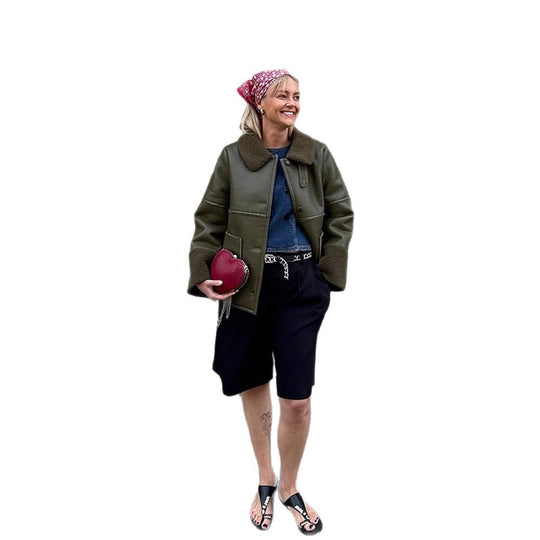 Damen Kunstlederjacke mit flauschigem Kragen und praktischen Taschen R&B