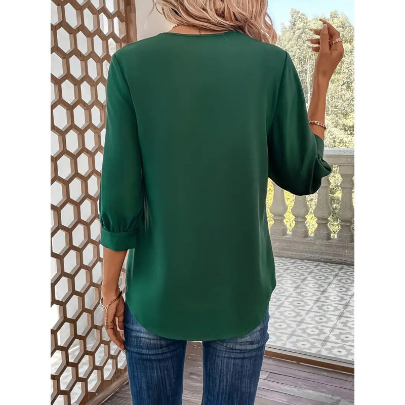 Damen Elegante ViskosR&Bluse mit 3/4-Ärmeln und V-Ausschnitt R&B
