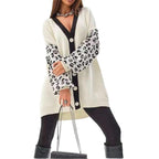 Damen Grobstrick Cardigan mit Leopardenmuster und Knopfdetaillierung R&B