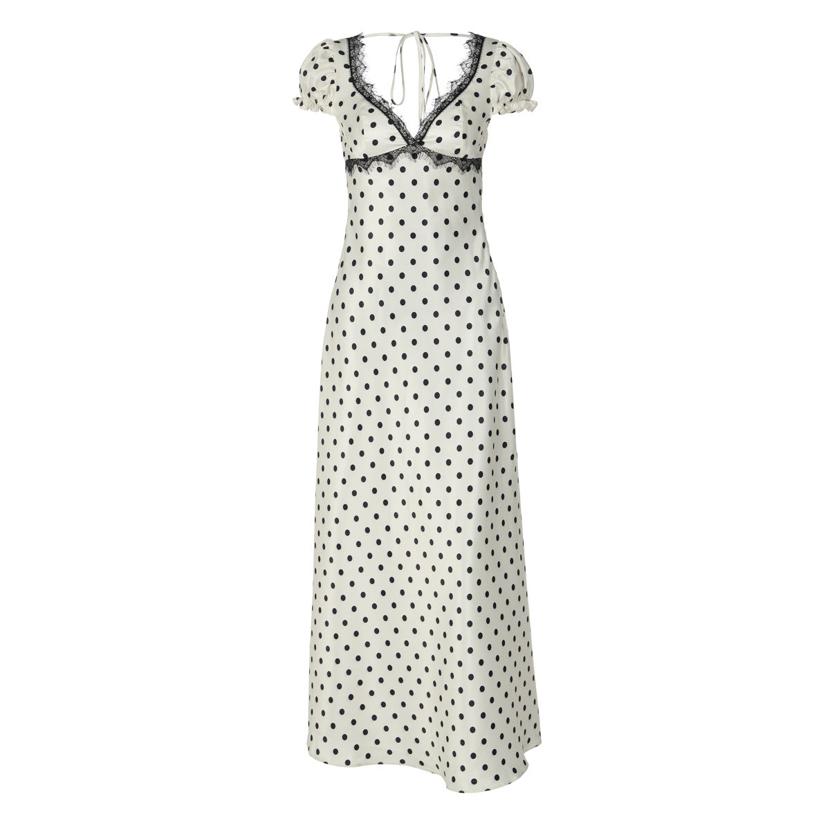 Damen Polka Dot Maxikleid mit eleganten Rüschendetails und nostalgischem Ausschnitt R&B