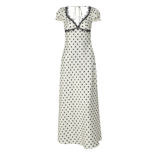 Damen Polka Dot Maxikleid mit eleganten Rüschendetails und nostalgischem Ausschnitt R&B