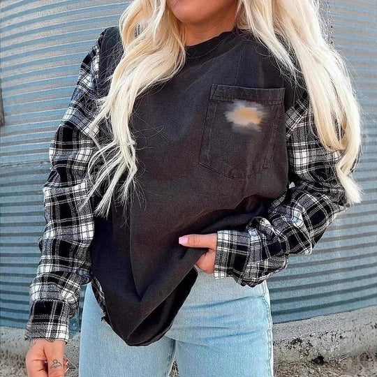Damen nan Oversize-Sweatshirt im Materialmix mit Karoärmeln und aufgesetzter Brusttasche R&B