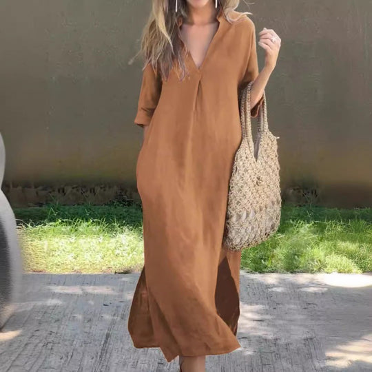 Damen Lässiges Maxikleid mit V-Ausschnitt und praktischen Seitenschlitzen R&B