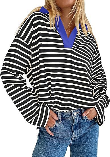 Damen Lässiges gestreiftes Sweatshirt mit V-Ausschnitt und langen Ärmeln R&B