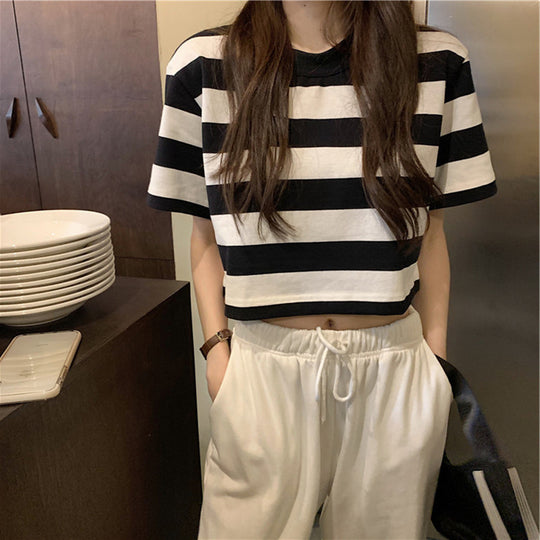 Damen Cropped T-Shirt mit Streifenmuster und lässigem Schnitt R&B
