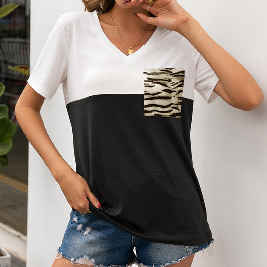 Damen V-Ausschnitt T-Shirt mit tierischem Taschenmotiv und lässigem Schnitt R&B