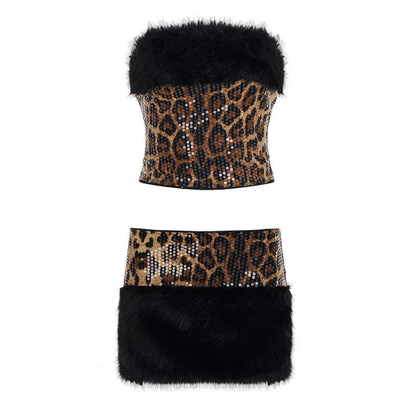 Damen glitzerndes Leopardenmuster Oberteil mit Kunstfellbesatz R&B