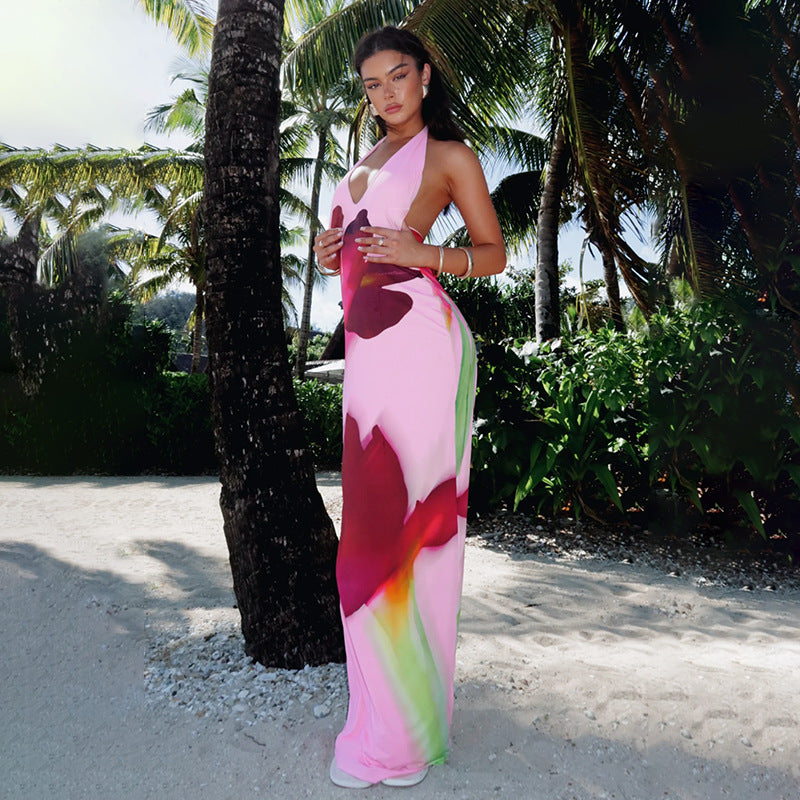 Damen Maxikleid mit floralem Design und tiefem Ausschnitt R&B