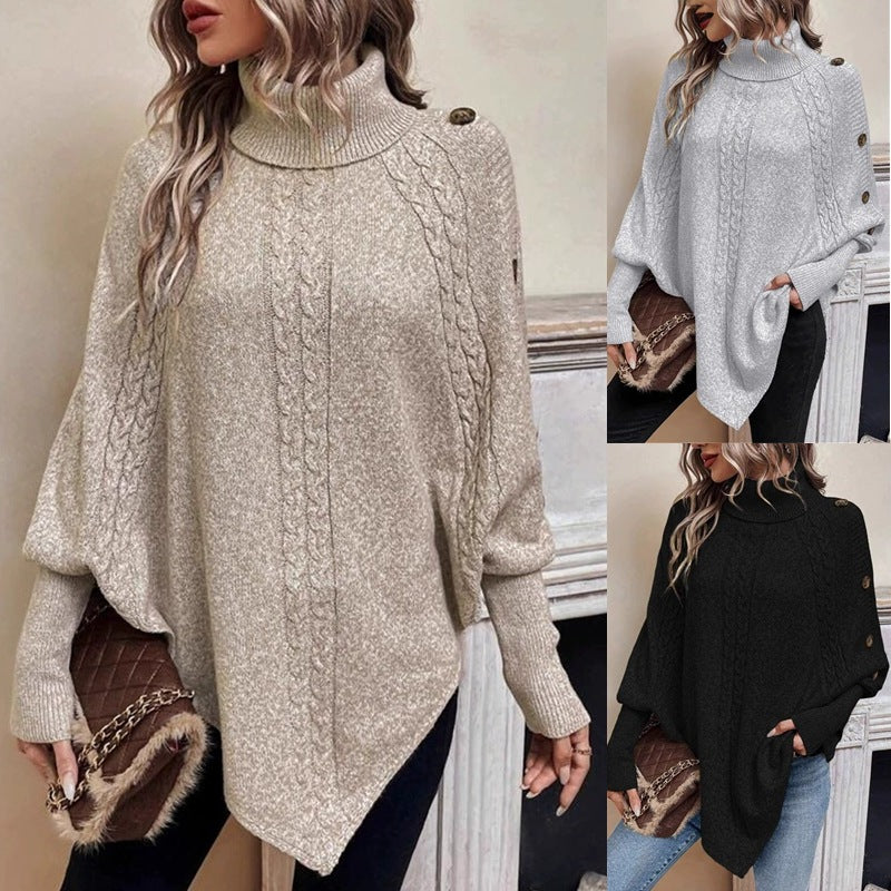 Damen Oversized Pullover mit hohem Kragen und dekorativem Zopfdesign R&B