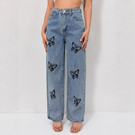 Damen Weite Jeans mit auffälligen Schmetterlings-Prints R&B