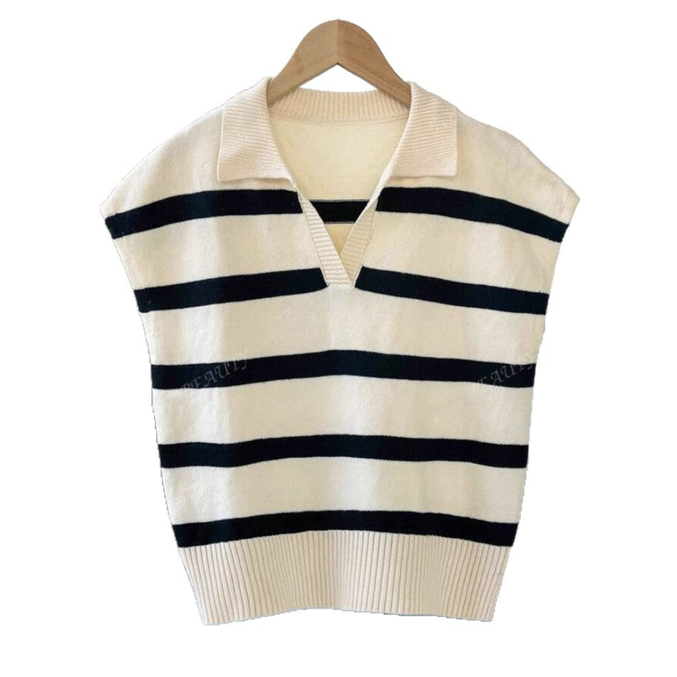 Damen Modisches Kurzarm-Pullover mit Streifenmuster und Polo-Kragen