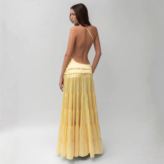 Damen elegantes asymmetrisches Maxikleid mit Rüschendetails R&B