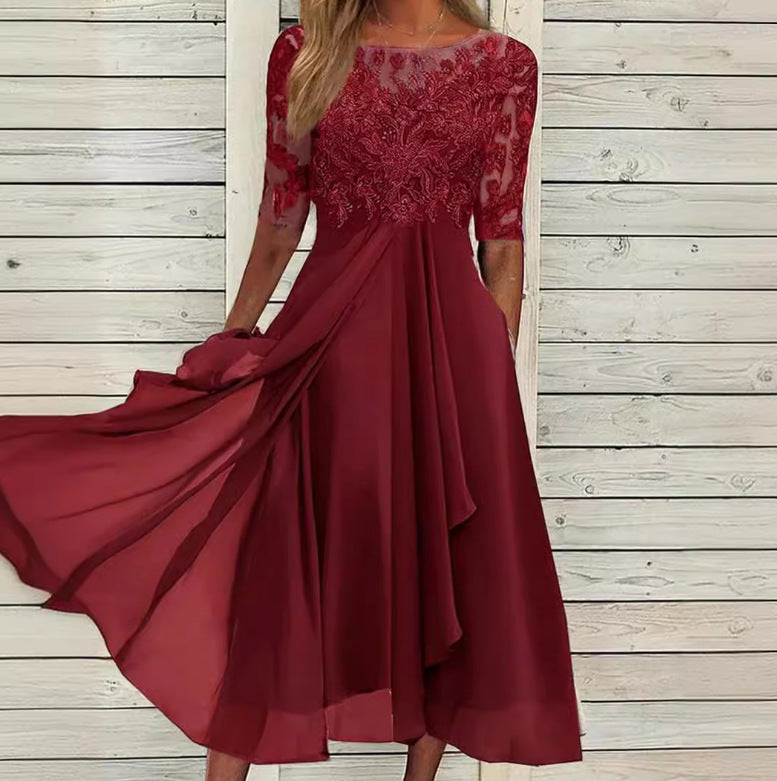 Damen nan elegantes Cocktailkleid mit bestickter Korsage, U-Boot-Ausschnitt und fließendem Chiffonrock R&B