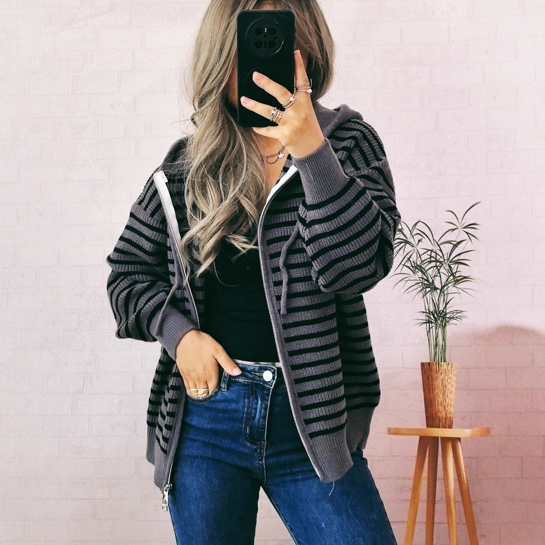 Damen Sportlicher Hoodie mit Streifenmuster und lässigem Schnitt R&B