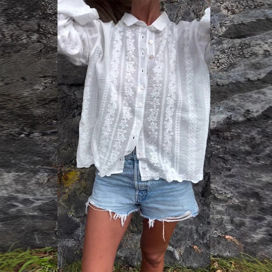 Damen elegante gestickte Bluse mit Knopfleiste und langen Ärmeln Heidi-Mode