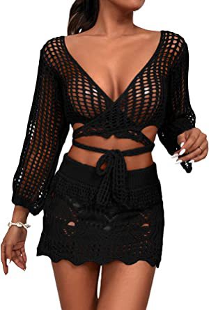 Damen gehäkeltes Crop-Top und Minirock-Set mit eleganten Binde-Details R&B