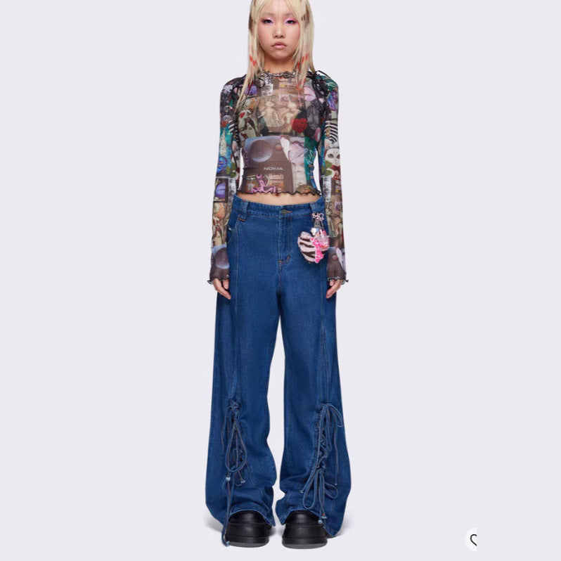 Damen Weit geschnittene Denim-Hose mit verstellbaren Kordeln R&B
